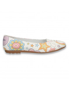 Balerini dama din piele, cu imprimeu colorat, albi - W337