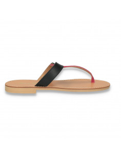 Papuci dama infradito, din piele, negru-fucsia - W508
