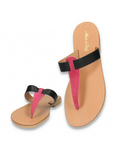 Papuci dama infradito, din piele, negru-fucsia - W508 2