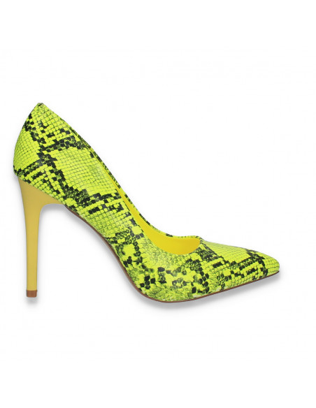 Pantofi stiletto, cu toc inalt, verde-neon, animal print - W605