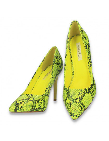 Pantofi stiletto, cu toc inalt, verde-neon, animal print - W605