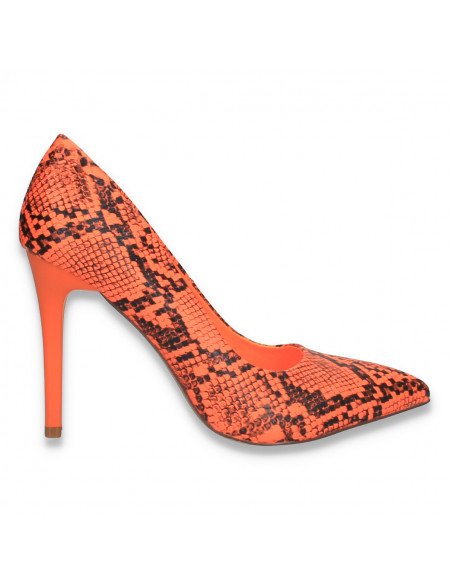 Pantofi stiletto, cu toc inalt, portocaliu-neon, snake print - W606