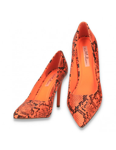 Pantofi stiletto, cu toc inalt, portocaliu-neon, snake print - W606