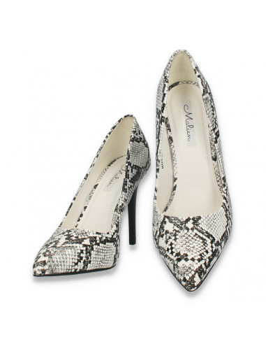 Pantofi stiletto, cu toc inalt, alb-negru, animal print - W607