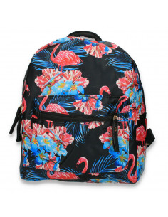 Rucsac din piele ecologica, cu imprimeu flamingo, negru - M300