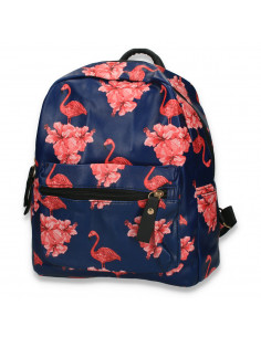 Rucsac din piele ecologica, cu flamingo, bleumarin - M302