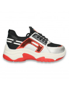 Sneakers casual dama, cu talpa groasa, negru-rosu - W676