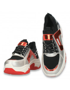 Sneakers casual dama, cu talpa groasa, negru-rosu - W676 2