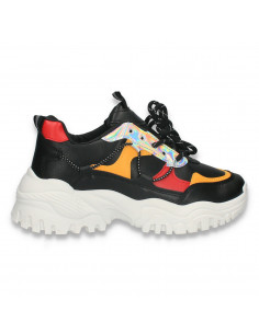 Pantofi sport-casual dama, cu talpa groasa, negru-rosu-galben - W757