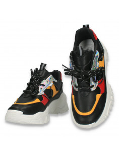 Pantofi sport-casual dama, cu talpa groasa, negru-rosu-galben - W757 2