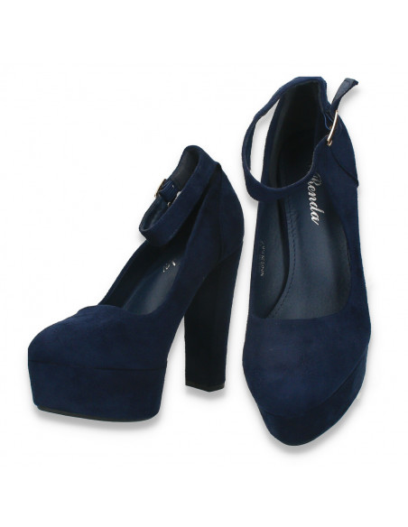Pantofi femei, cu bareta si toc inalt, bleumarin - W834