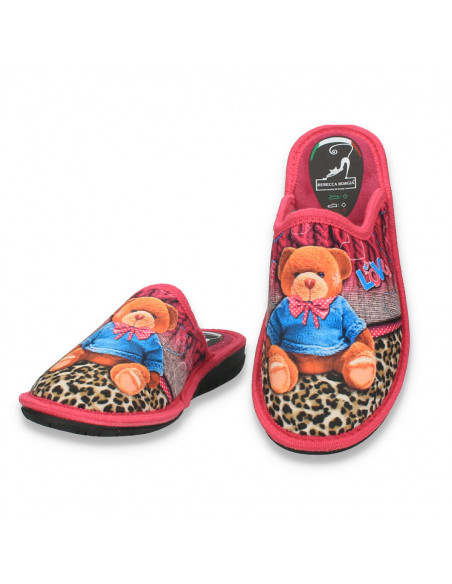 Papuci de casa caldurosi, cu ursulet, fucsia - W867