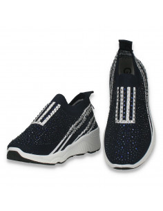 Pantofi pentru fetite, cu strasuri, tip soseta, bleumarin - W962 2