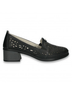 Pantofi din piele pentru dama, cu decupaje si imprimeu floral, negri - W1102
