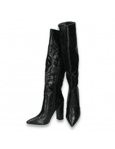 Cizme lungi cu toc pentru femei, cu aspect matlasat, negre - W1186 2