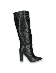 Cizme lungi cu toc pentru femei, cu aspect matlasat, negre - W1186