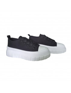 pantofi femei, pantofi dama, sneakers dama negri, snakers femei din textil, sneakers cu talpa inalta alba striata 2