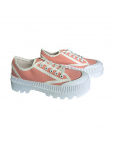 pantofi femei, pantofi dama, sneakers dama roz cu alb, snakers femei din textil, sneakers cu talpa inalta alba striata 2