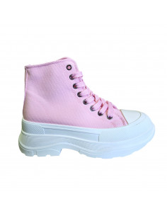 Ghete roz cu talpa groasa, ghete cu talpa inalta pentru femei, ghete roz din textil pentru femei