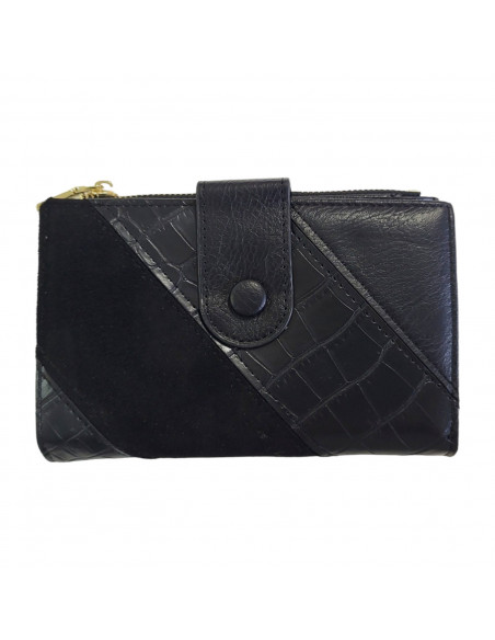 Portmoneu dama, din piele eco, negru, cu model croco, 15 cm