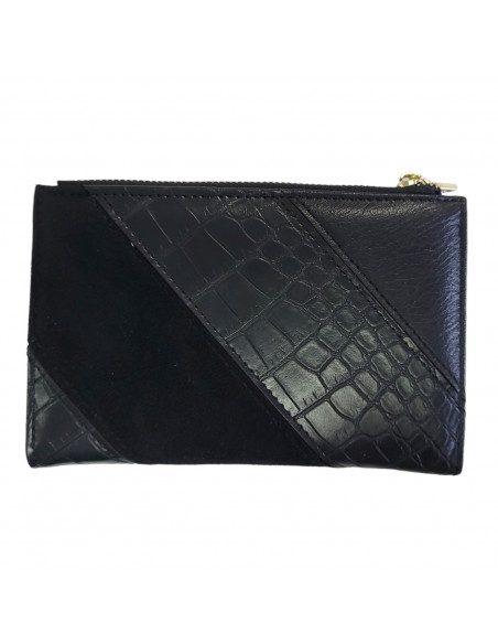 Portmoneu dama, din piele eco, negru, cu model croco, 15 cm
