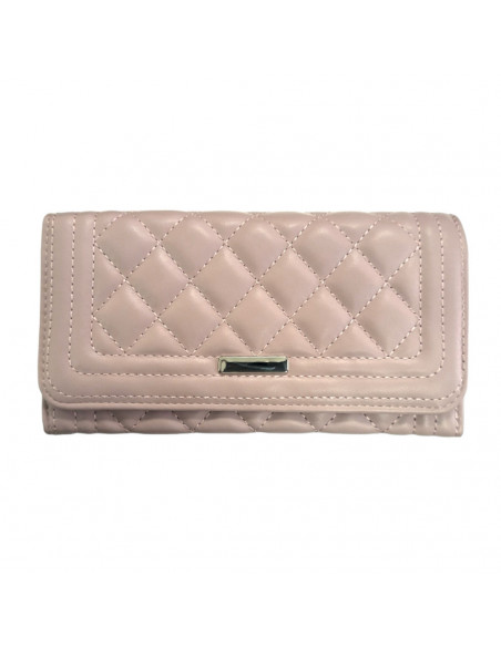 Portofel pentru dama, piele eco, model matlasat, roz, cu ornament metalic