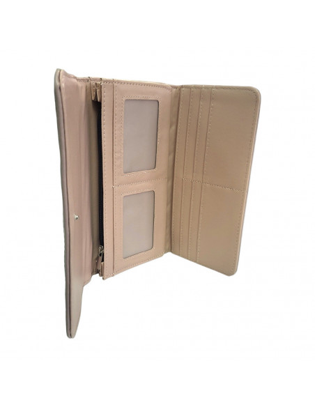 Portofel pentru dama, piele eco, model matlasat, roz, cu ornament metalic