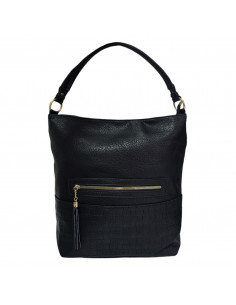 Poseta dama, piele ecologica, neagra, decor cu franjuri pe fermoar