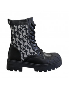 Ghete din piele eco şi textil cu model pentru damă, negre, stil gotic