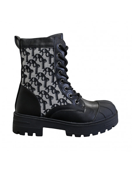 Ghete din piele eco şi textil cu model pentru damă, negre, stil gotic