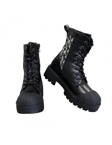 Ghete din piele eco şi textil cu model pentru damă, negre, stil gotic