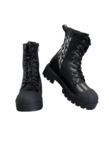 Ghete din piele eco şi textil cu model pentru damă, negre, stil gotic