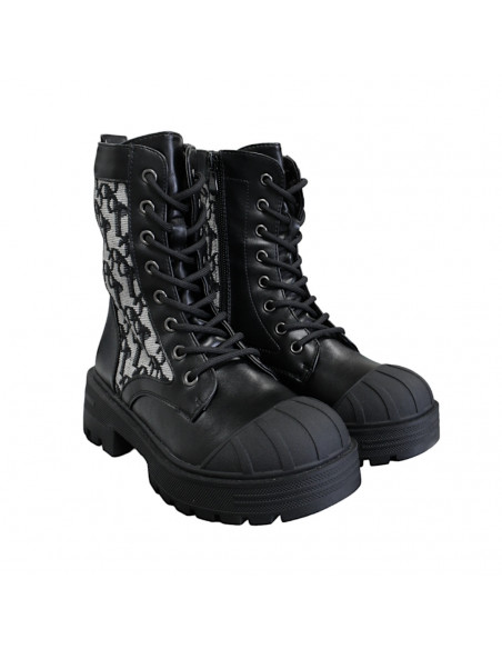 Ghete din piele eco şi textil cu model pentru damă, negre, stil gotic