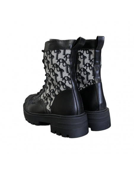 Ghete din piele eco şi textil cu model pentru damă, negre, stil gotic