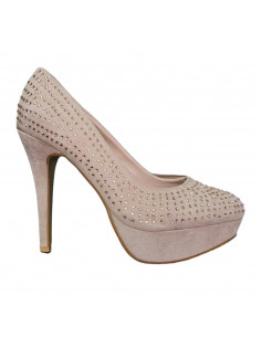 Pantofi cu toc inalt si platforma, imitatie velur, culoare roz pal/bej