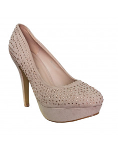 Pantofi cu toc inalt si platforma, imitatie velur, culoare roz pal/bej 2
