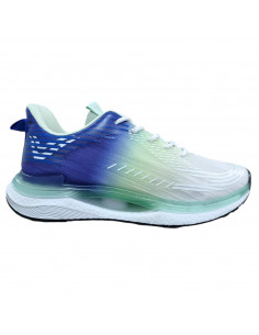 Pantofi sport pentru barbati, textil, alb cu albastru si galben, cu dungi