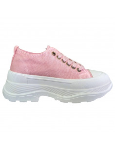 Pantofi casual din textil roz si talpa inalta, pentru femei