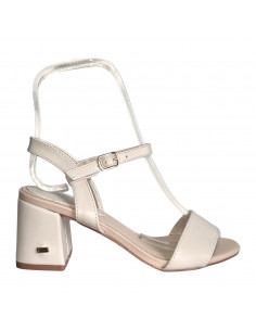 Sandale elegante pentru femei, piele eco, bej, cu toc gros
