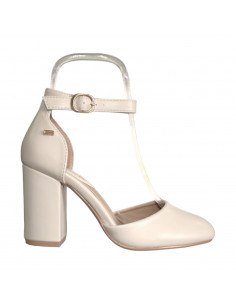 Pantofi eleganti pentru femei, piele ecologica, bej, cu toc gros