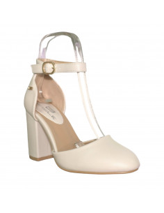 Pantofi eleganti pentru femei, piele ecologica, bej, cu toc gros 2