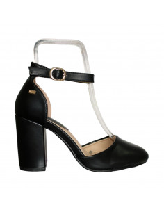 Pantofi eleganti pentru femei, piele ecologica, negri, cu toc gros