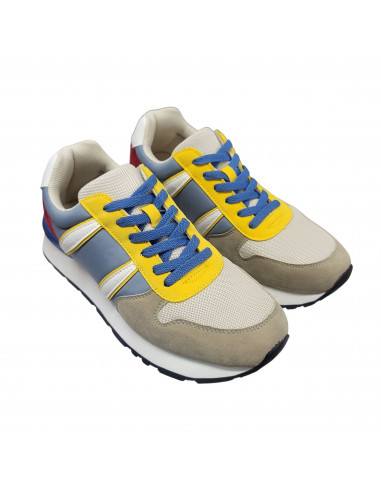 Pantofi sport bărbaţi, piele naturală şi textil, alb/gri/negru