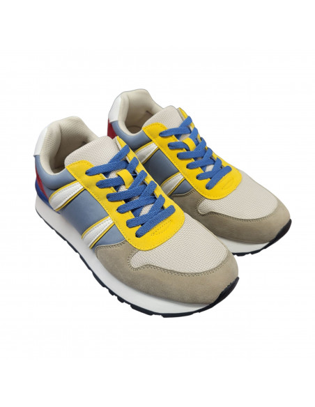 Pantofi sport bărbaţi, piele naturală şi textil, alb/gri/negru